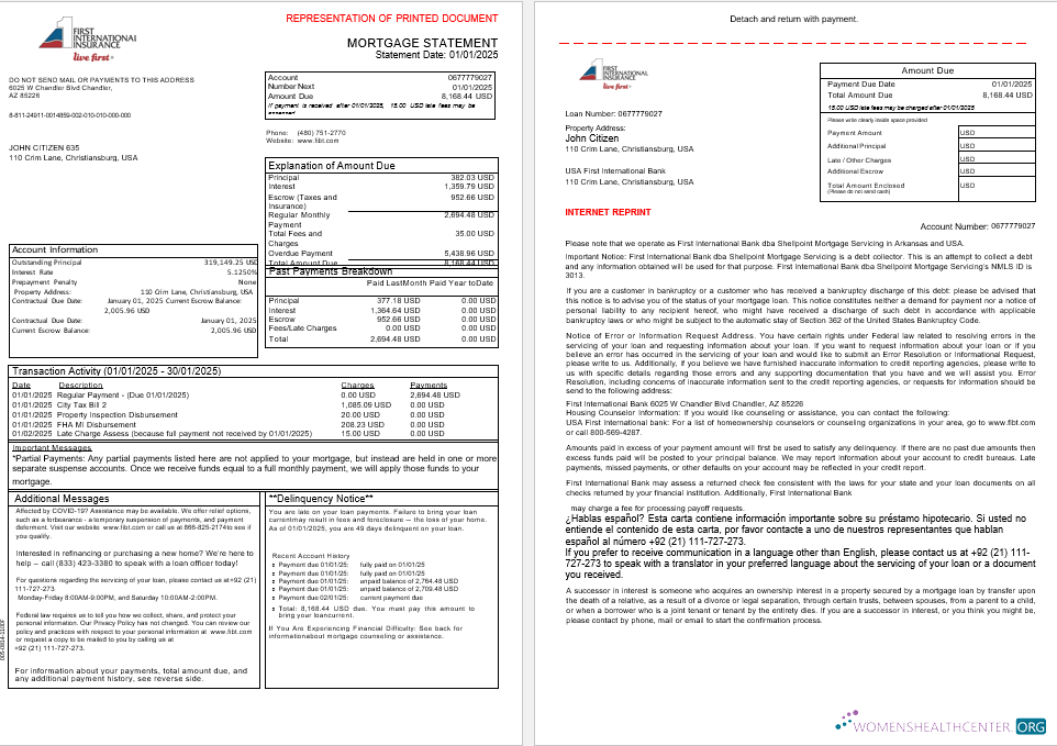 USA First International Bank & Trust bank mortgage statement in Word and PDF formats, 3 pages 1 2